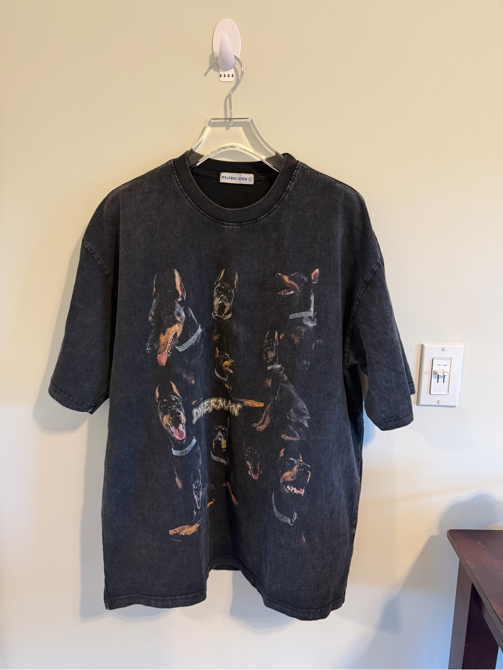 Elfric Eden Doberman Graphic T-Shirt Large Washed Black Oversized Dog Tee